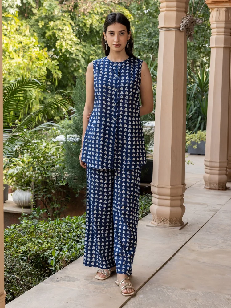 FIORRA Women s Navy Blue Cotton Printed Co-ord Set